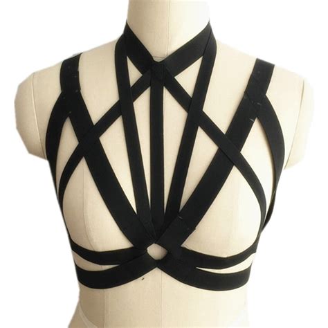 women gothic bra harness black elastic body bondage harness lingerie pentagram harness crop top