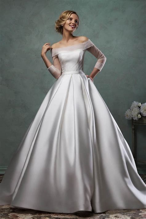 White Satin Off The Shoulder Wedding Dressmiddle Sleeves Tulle Top