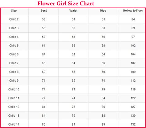 Flower Girl Pageant Girl Standard Size Chart And Custom Size Chart For Formal Evening Dressprom