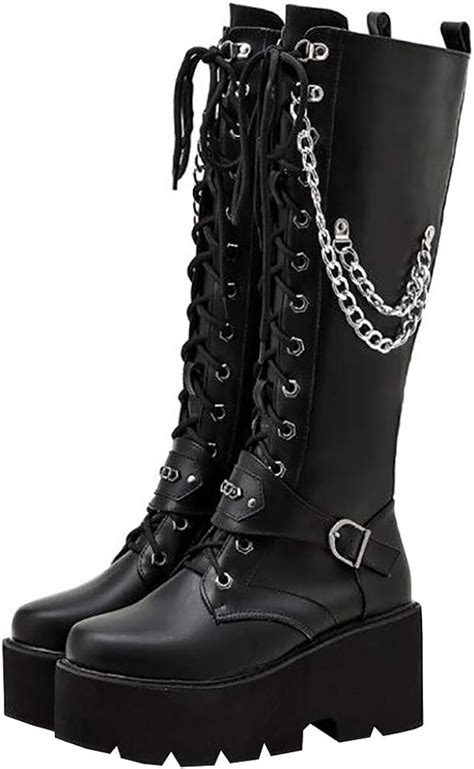 parisuit women s knee high goth platform buckle boots chunky high heel lace up punk