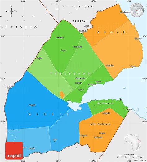 Click to zoom in, to zoom out, to rotate, and to view on full screen. Political Simple Map of Djibouti, single color outside, borders and labels