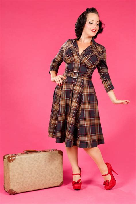 Miss Candyfloss 50s Lily Brown Red Tartan 34 Sleeve Swing Dress
