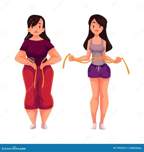 Woman Measuring Waist Before And After Loosing Weight Stock Vector