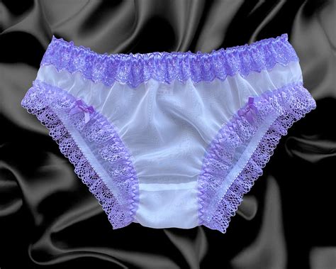 White Lilac Sissy Sheer Nylon Frilly Satin Bow Brief Panties Knickers Size 10 20 £1599
