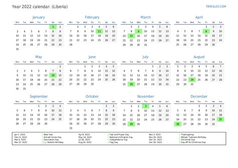 Calendar For 2022 With Holidays In Liberia Print And Download Calendar