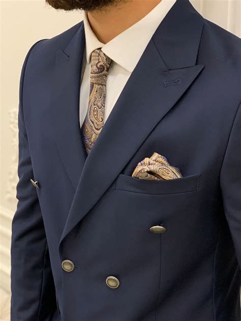 Navy Blue Slim Fit Double Breasted Suit For Men