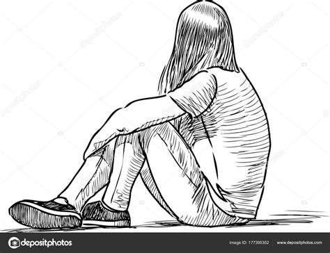 Sad Girl Sitting Alone Sketch