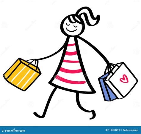 Stick Figure Woman Wearing Striped Dress Going Shopping Holding Bags
