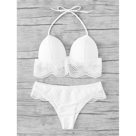 Crochet Ruffle Trim Halter Bikini Set White Trajes De Bikini