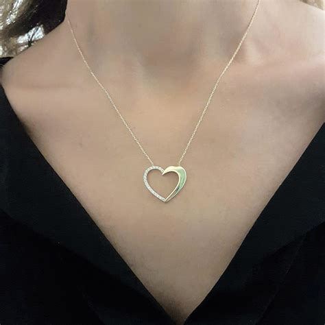 14k Real Solid Gold Heart Pendant Necklace Half Decorated With Cubic Zirconia Stones