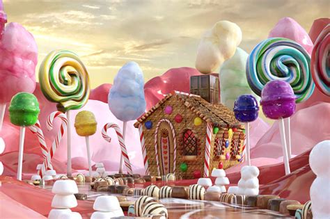 Magical Candy Land Scene With A Ginger Bread House 3d Render Stock