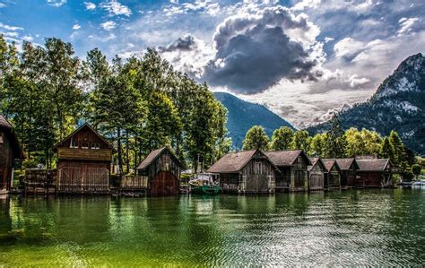 배경 화면 1230x777 Px 오스트리아 Boathouses 구름 Hdr 호수 경치 산들 자연 햇빛