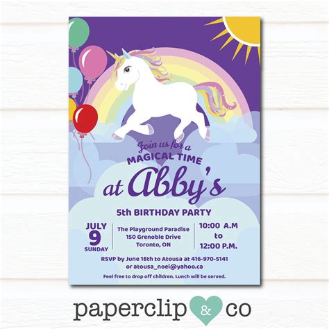 Unicorn Birthday Invitation Rainbow Invite Kids Party 5th Etsy