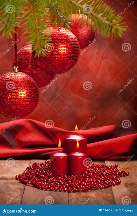 Christmas Decoration Baubles And Candles Stock Photo Image Of