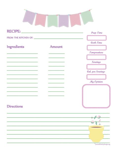 Fabric Bunting Recipe Card Full Page Recipe Book Templates