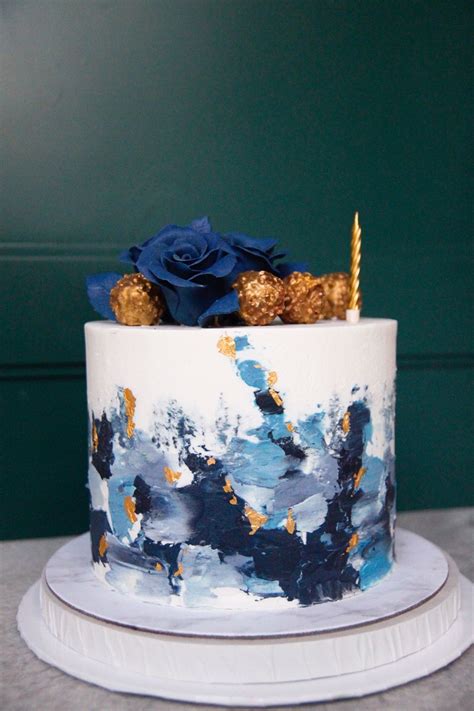 Navy Blue Painting Buttercream Cakes Elegant Birthday Cakes Cake