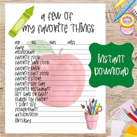 Teacher Favorite Things Printable Form Teacher Appreciation Etsy