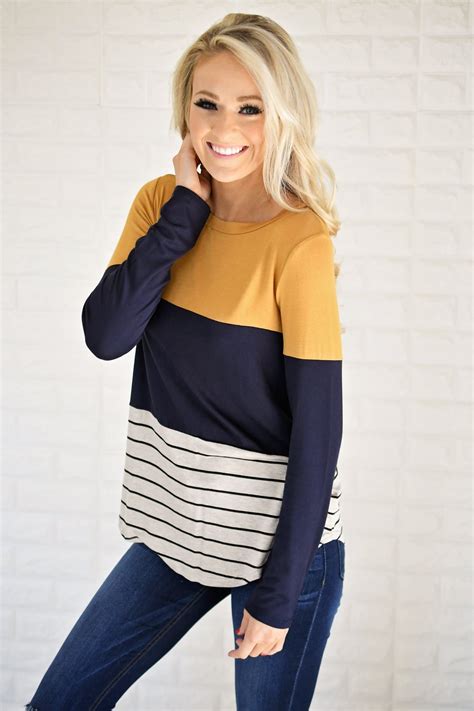 Long Sleeve Colorblock Top ~ Mustard And Navy The Pulse Boutique