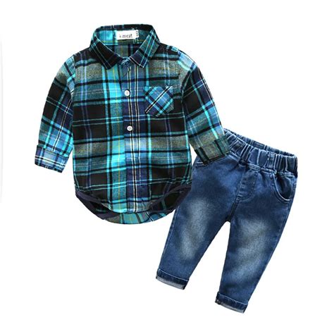 2018 Fashion Infant Baby Boy Clothes Sets Gentleman Blue Plaid Jumpsuit