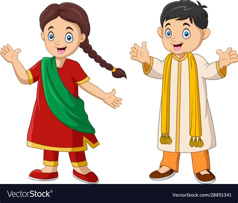 Cartoon Indian Couple Wearing Traditional Costumes