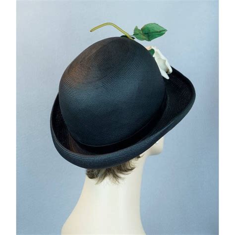 Vintage 60s Black Straw Upturned Brim Hat With White Rose Detail By