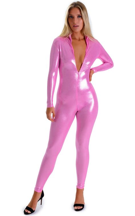 Front Zipper Catsuit Bodysuit In Metallic Mystique Bubblegum Pink Skinzwear
