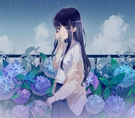 Hd Wallpaper Anime Girl Raining Flowers Black Hair Tears Crying