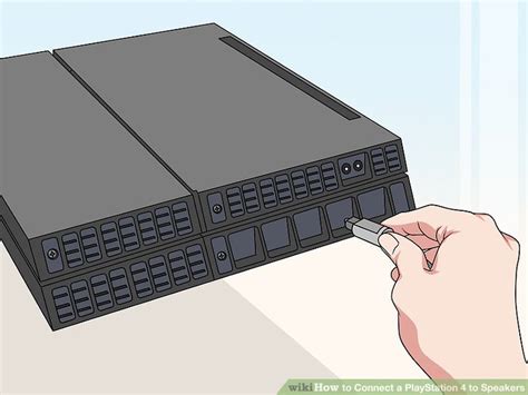 Insert an individual end of the cable into your game controller and the other end to the speakers' slot for audio in. 4 Ways to Connect a PlayStation 4 to Speakers - wikiHow
