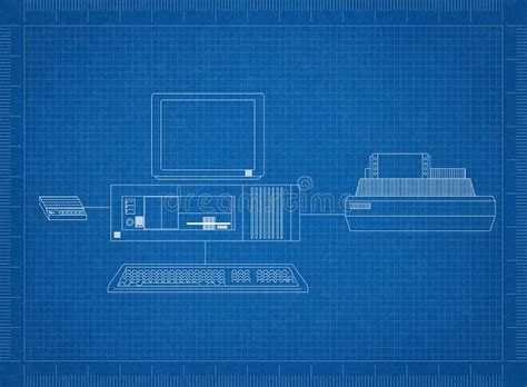 Retro Computer With Printer Blueprint Stock Illustration Illustration