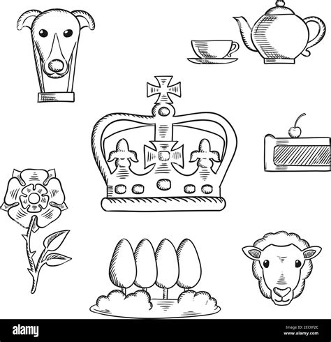 England Traditional Objects And Symbols Sketch Icons With Heraldic