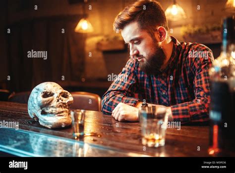 Sad Man Sitting At The Bar Counter Alcohol Addiction Depression Male
