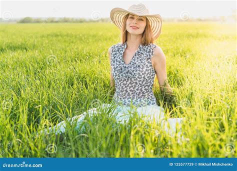 Beautiful Smiling Woman On A Green Grass Outdoor Stock Image Image Of Person Green 125577729