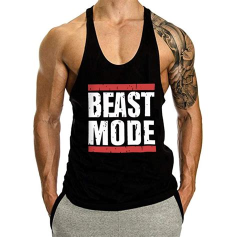 Oa Men Beast Mode Print Tank Tops Muscle Gyms Workout Bodybuilding Y