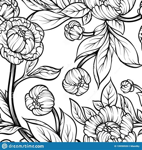 Peony Flower Seamless Pattern Line Drawing Vector Hand Drawn Engraved