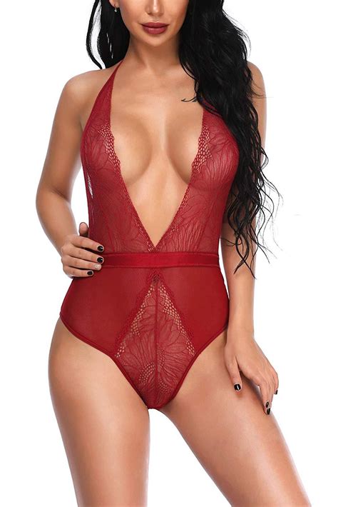 buy ruby sheer plunge halterneck bodysuit with lace panels and ribbon red online in australia