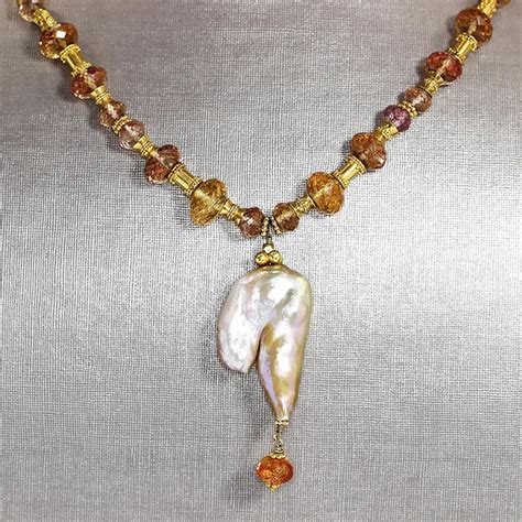 Baroque Pearl Pendant Necklace With Citrines And Amethysts 18k Once