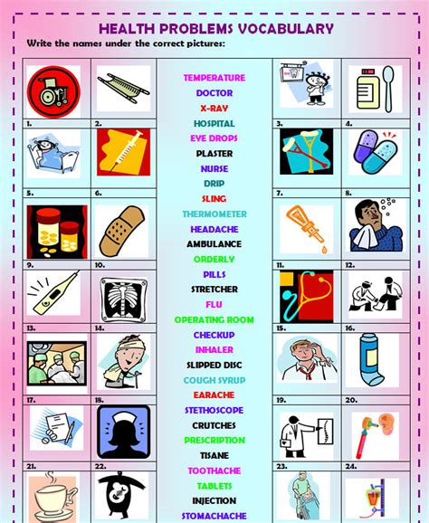 Health, illness, sickness, injuries, aches and pains. Health Problems Vocabulary Worksheet