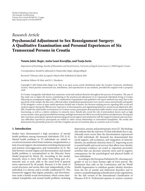 Pdf Psychosocial Adjustment To Sex Reassignment Surgery A
