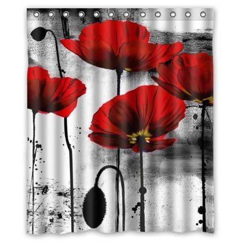 Beautiful Vintage Red Poppy Flower Ink Painting Shower Curtain 60x72