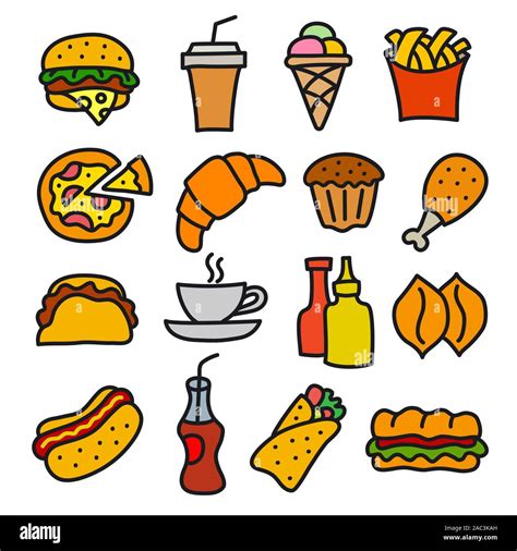 Illustration Of Set Fast Food Icons And Signs Drawings Stock Vector