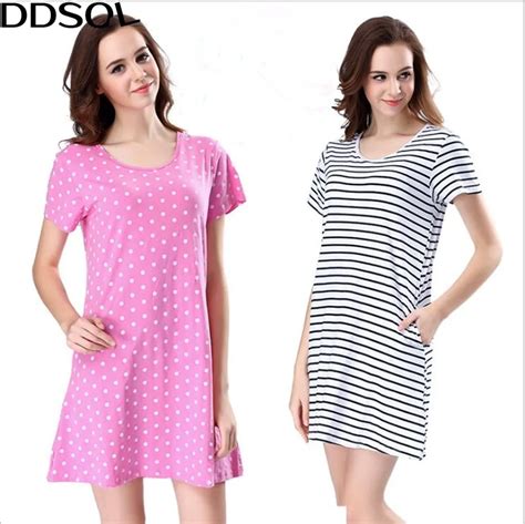 Ddsol Summer Cotton Nightdress Women Polka Dot Striped Nightgowns