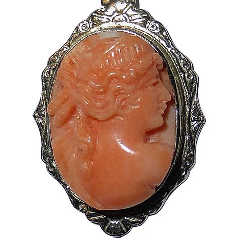 Carved Genuine Coral Cameo I14k White Gold From Bejewelled On Ruby Lane