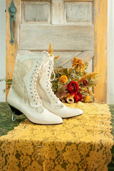 vintage white lace granny boots ivory leather victorian etsy