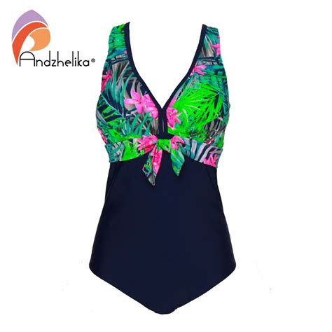 Andzhelika Green Floral Deep V Neck One Piece Swimsuit Women Sexy Plus
