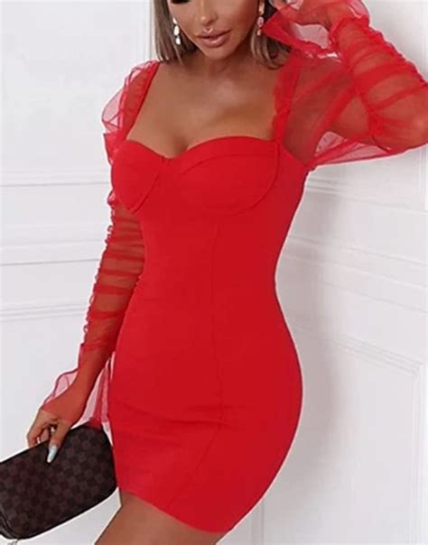 Lvow Sexy See Through Mesh Sheer Puff Long Sleeve Club Dress Bodycon Party Clubwear For Women