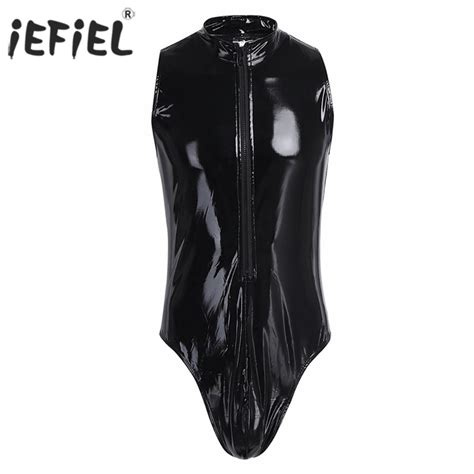 Iefiel Sexy Men Lingerie Bodycon Bodystocking Patent Leather One Piece