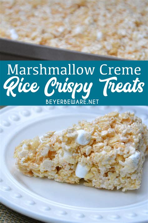 Marshmallow Creme Rice Crispy Treats On A Plate With Text Overlay