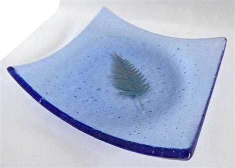 Fused Glass Fern Leaf Plate In Sapphire Blue By Bprdesigns Etsy Leaf Plates Fused Glass