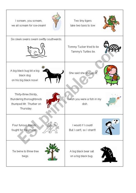Tongue Twisters Cards Esl Worksheet By Sylwineczka