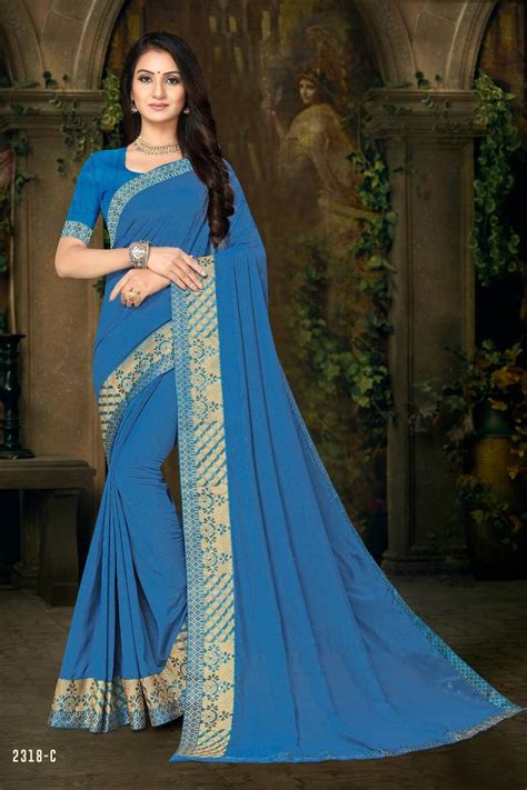 Indian Women Blue Vichitra Silk Lace Work Designer Saree Indian Women